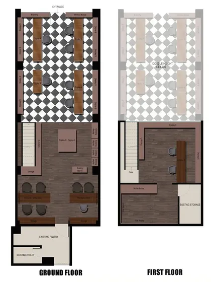 The proposed ground and first-floor layouts for the jewellery store. This plan details the customer seating areas, display counters, and private consultation zones, ensuring a seamless and luxurious retail experience.