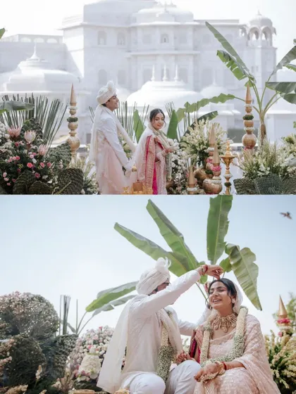 A diptych from a pastel-themed wedding ceremony in Jaipur, showing the couple during their rituals against the backdrop of a beautiful white palace.