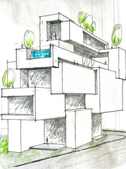 A conceptual sketch for a tower of stacked, irregular blocks.