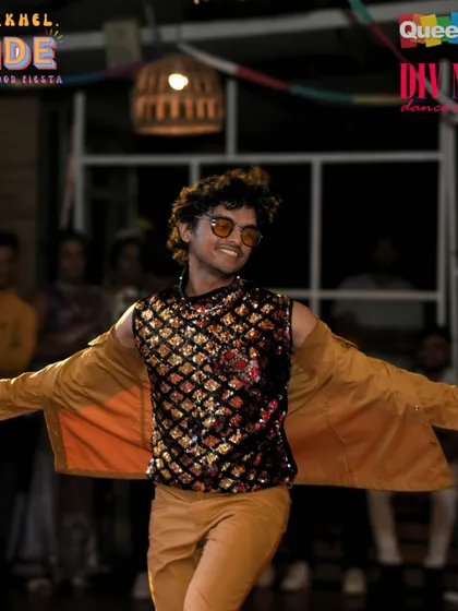 All smiles and sequins! One of our performers lighting up the stage at the 'Naach.Khel.Pride' Bollywood night.