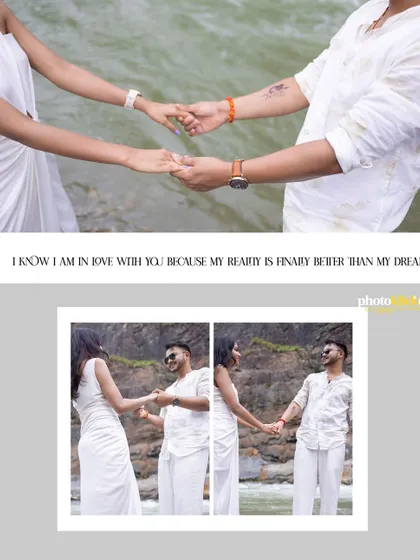An album layout focusing on the couple holding hands, paired with smaller images of their interactions by the river.