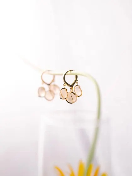 A minimalist shot of gold and stone earrings hanging from a single flower stem, creating a soft and delicate visual.