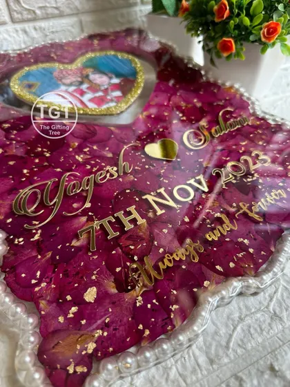 This angle shows the custom golden text with the couple's names, wedding date, and a personal message, "Always and forever."