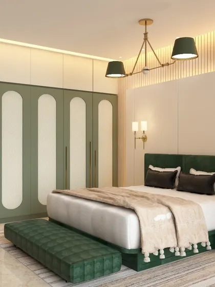 A serene master bedroom featuring a custom wardrobe with unique rounded-panel doors in a soothing green and white palette. The design is complemented by a matching upholstered bed and bench, creating a cohesive and tranquil retreat.