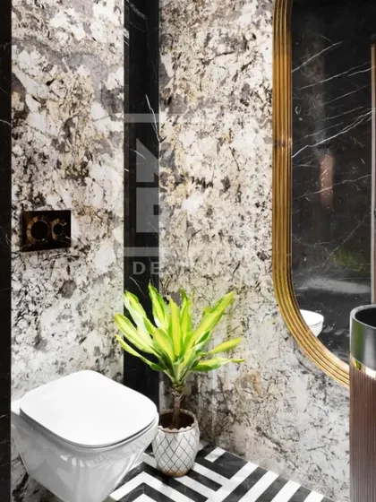 A closer look at the material contrast in this powder room. The organic pattern of the marble wall is balanced by the clean lines of the modern toilet and the warmth of the small plant.