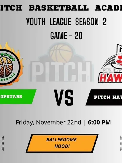The Friday night showdown announcement for Game 20 of Season 2, featuring the Hoopstars vs. the Pitch Hawks.