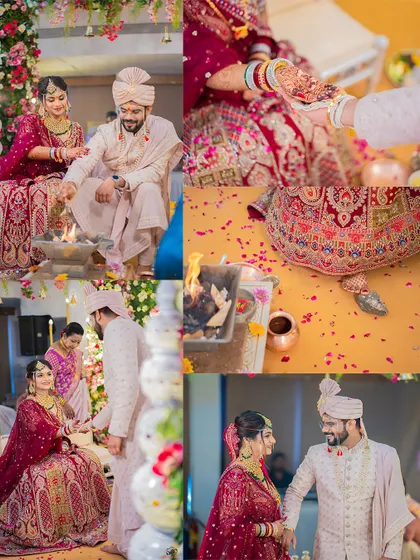 More moments from a Gujarati wedding ceremony, showing the couple's interactions, the sacred fire, and details of the bride's attire.