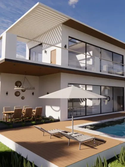 A 3D visualization of the 'Snow Villa' project. This render showcases the contemporary architectural design, complete with an integrated pool and deck area, designed to maximize enjoyment of the surrounding landscape and climate.