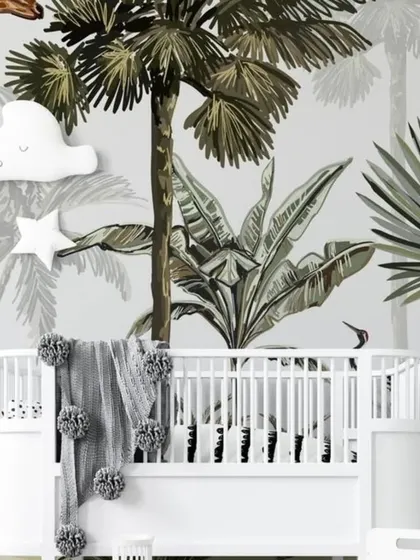 A sweet jungle-themed wallpaper with a giraffe and tropical plants, designed to create a soothing and stylish nursery environment.