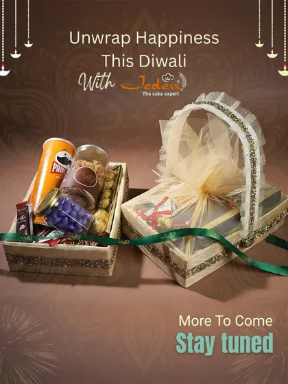 Unwrap happiness with our beautifully curated Diwali hampers. This image displays two distinct hamper styles, one open tray with snacks and treats, and another elegantly wrapped basket, promising more delightful surprises to come.