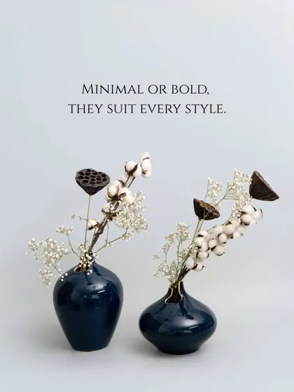 Minimal or bold, our vases suit every style. These small, deep blue vases are perfect for holding delicate dried cotton stems, proving that even the smallest arrangements can make a big impact.