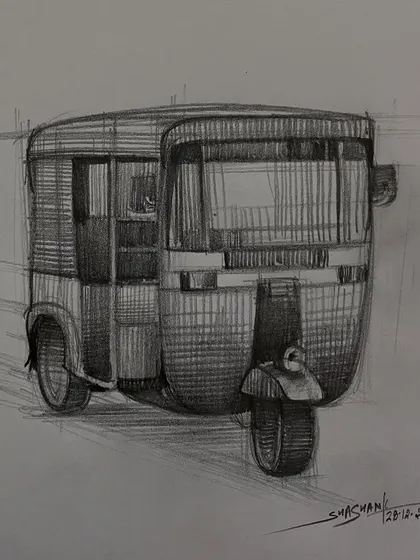 A pencil sketch of an auto-rickshaw, focusing on its unique shape and proportions.