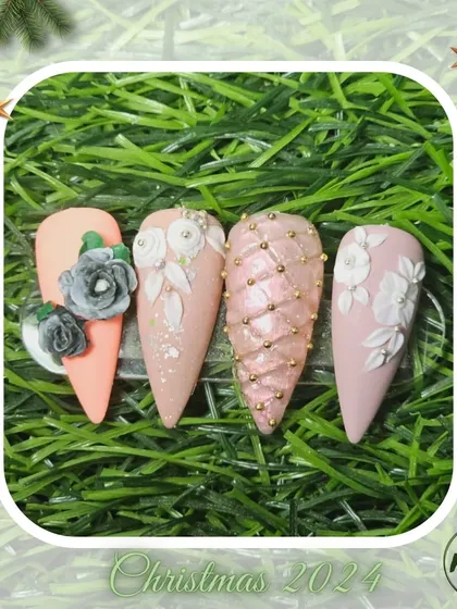 A collection of various nail art designs, from abstract and animal prints to delicate florals and 3D textures, all beautifully framed for the Christmas season.