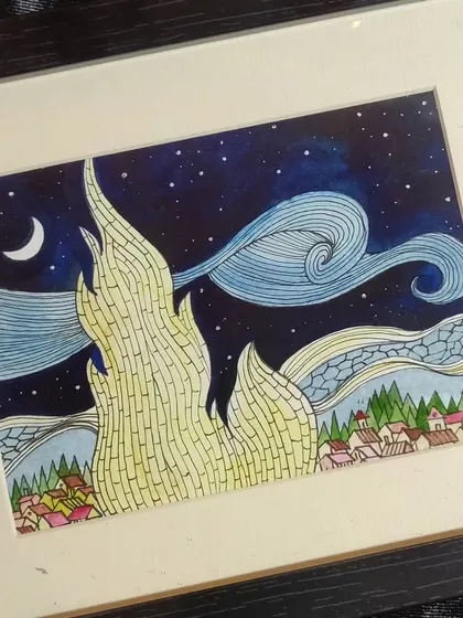 My interpretation of Van Gogh's "Starry Night," created with pen and watercolor. I used my own line-work style to build the iconic cypress tree and swirling sky, offering a unique take on a classic masterpiece.