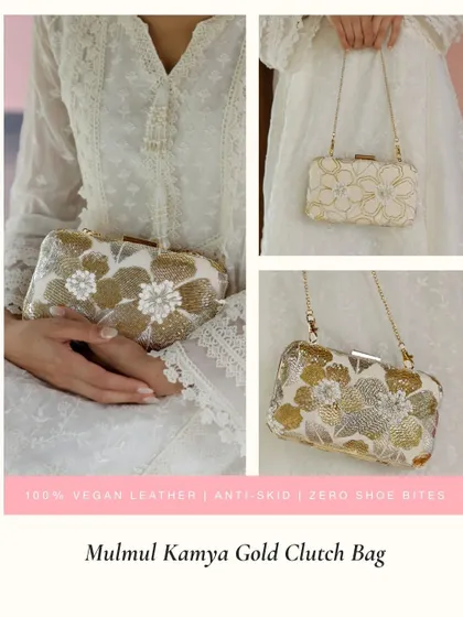 The Mulmul Kamya Gold Clutch Bag features beautiful 3D floral details made from sequins and beads. It comes with a delicate chain strap, offering versatility to be used as a clutch or a shoulder bag.