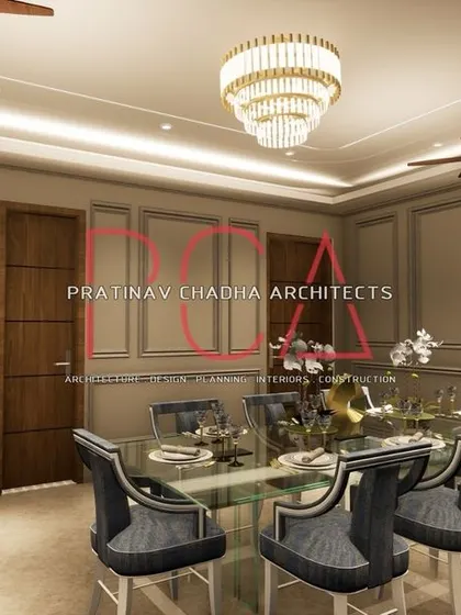 A 3D render of the dining area in the Vasant Kunj residence, featuring classic wall mouldings, a grand chandelier, and elegant dining furniture.