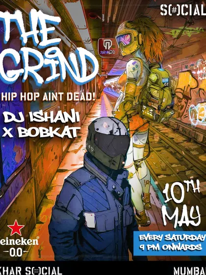 A flyer for The Grind from early May. We keep the party going, rain or shine.