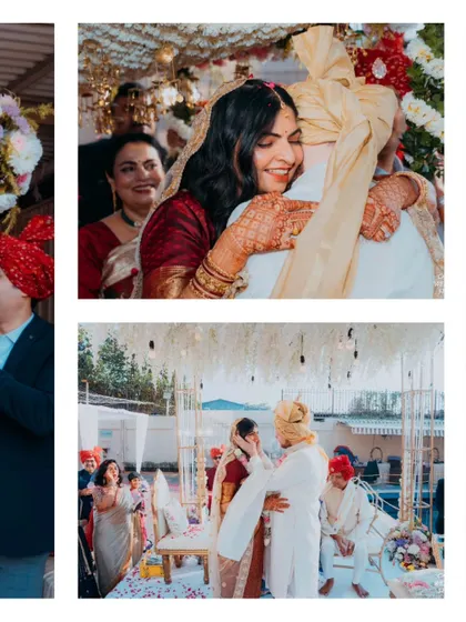 A collection of emotional moments, including a heartfelt hug and tender interactions during the ceremony, showcasing the deep connections of the day.