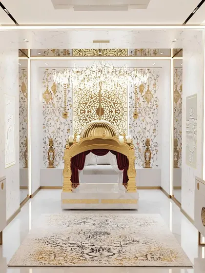 This sacred prayer room is a testament to our ability to translate deep personal faith into architecture. We designed this masterpiece of peace and purity, incorporating intricate golden detailing, pristine white marble, and a magnificent custom Palki Sahib to create a serene and spiritually uplifting sanctuary within the home.