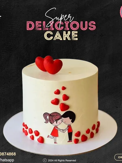 A sweet and simple anniversary cake. This design features a cute cartoon couple surrounded by red hearts, expressing love in the most delicious way.