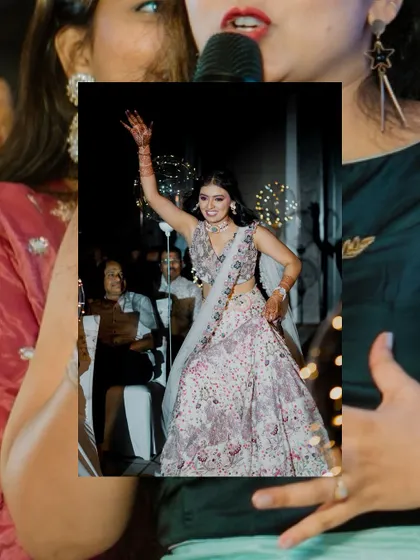 A collage showing the bride's dance performance at her Sangeet.