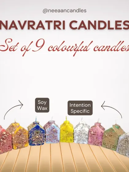 My Navratri House Candles are special intention candles, one for each day. They are made from soy wax and charged with herbs to make your Navratri magical.
