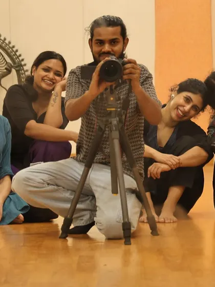 Even the photographer becomes part of the team. A fun, unplanned shot from a studio session that captures the collaborative and friendly atmosphere I foster in my creative projects.