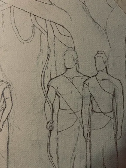 A detailed view of the sketch, focusing on the figures of Ram and Lakshman with their bows.