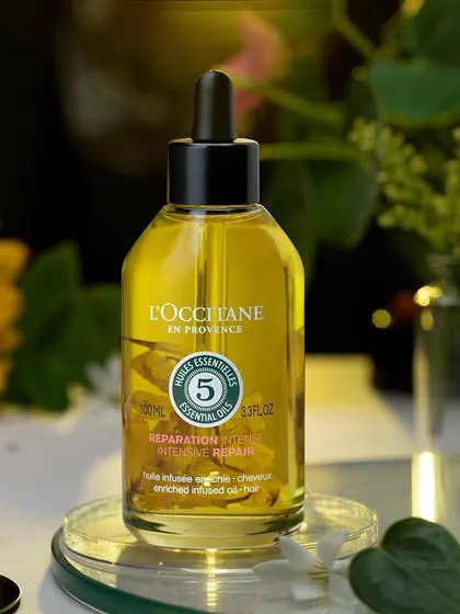 For this L'Occitane hair oil, we created a vibrant, natural scene with sunflowers and green leaves. The concept was to surround the product with the natural ingredients it's derived from, making it feel wholesome and effective.