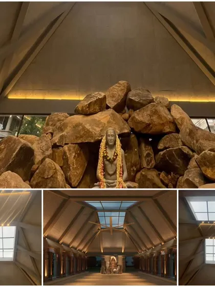 This collage showcases our recently completed Dravidian-style temple. The design honors centuries of heritage, with a focus on creating a spiritually uplifting space through dramatic volumes, natural materials like stone, and carefully controlled light from skylights.