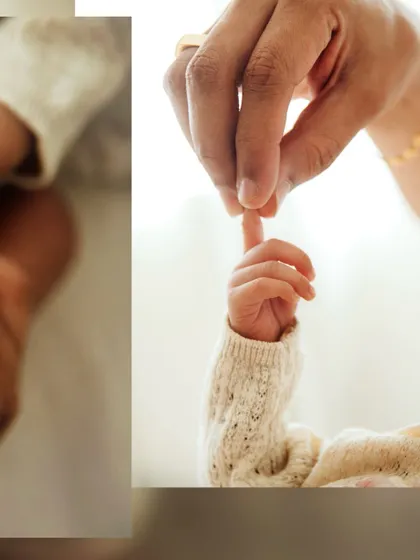 A collage of details: a baby's hand holding a parent's finger, a mother's loving gaze. It's a collection of small, loving moments.