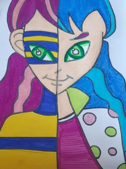 This split-face portrait is an advanced exercise in symmetry and contrast. It allows students to explore two different sides of a character's personality in one drawing.