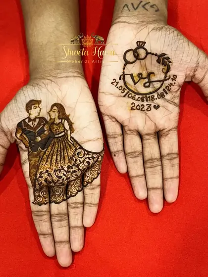 For a modern and minimalist approach, I can create a design focused on a single, beautiful element. This piece features a detailed portrait of the couple on one hand and their initials with the wedding date on the other, offering a chic and personal touch.
