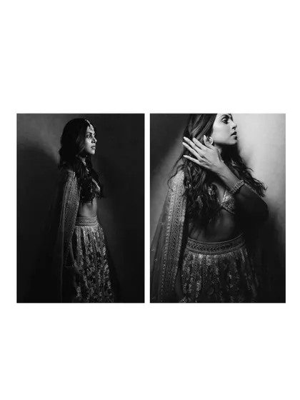 A black and white diptych of Bandhavi, her profile and gaze creating a sense of mystery and elegance through the use of shadow.