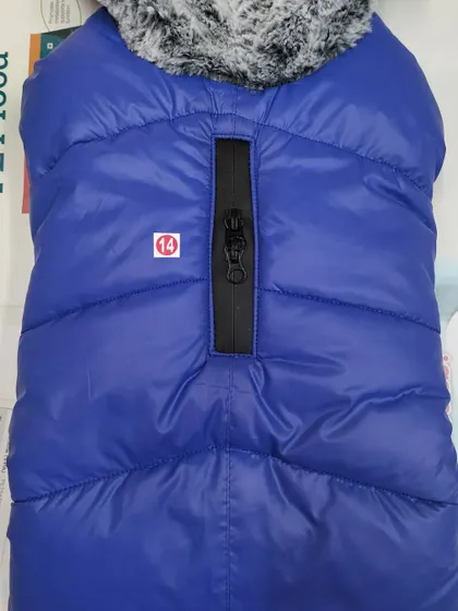 Another look at the high-quality blue winter dog coat. The durable material and warm lining make it a practical choice for the season.