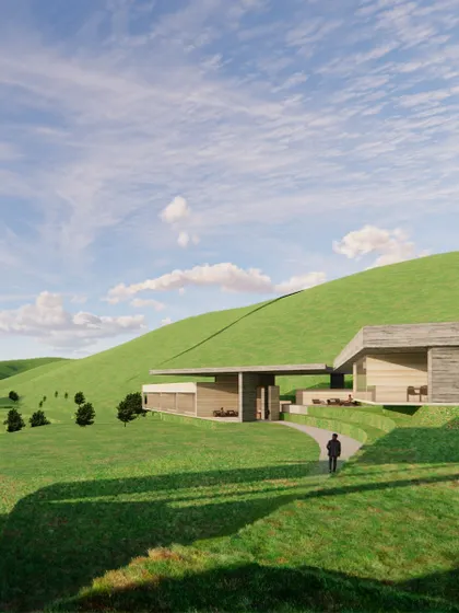 This render for a retreat in Almora captures my core belief: architecture should not dominate the landscape, but become part of it. Here, two blocks of rammed earth are united by a single roof, creating an informal space that respects the scale of the mountains.