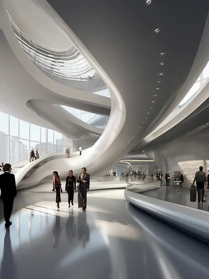 The interior of the Meta Tower features flowing, organic forms that guide users through the virtual space. This is a world where architecture, light, and interaction collide to create a dynamic community.