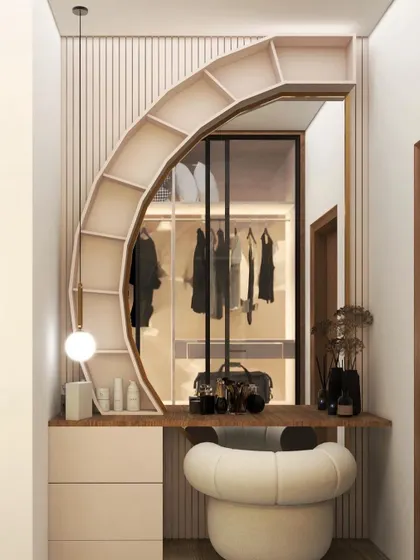 A unique dressing table concept from a 3D render, featuring a large, arched mirror frame that doubles as open shelving, combining artistry with function.