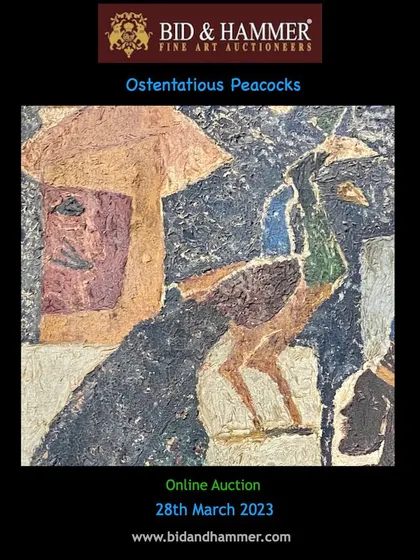 An announcement graphic featuring a detail of M.F. Husain's work from the 'Ostentatious Peacocks' auction. It highlights the peacock as a symbol of royalty and power, a recurring theme in Indian art that I love to explore.