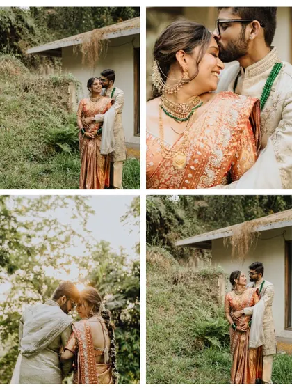 A collage of romantic moments from a post-wedding shoot, showcasing the couple's love against a backdrop of lush greenery.