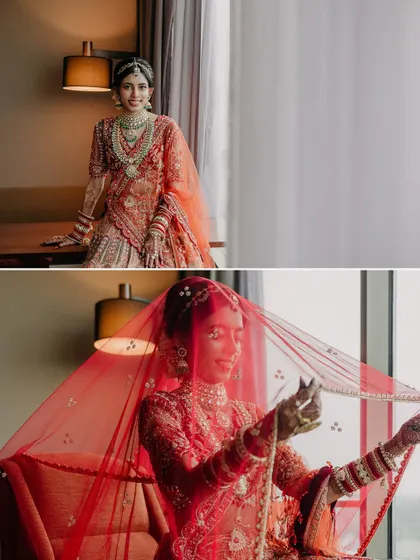 A diptych of the bride, showing a full-length shot and a playful moment with her veil, capturing her grace and joy.