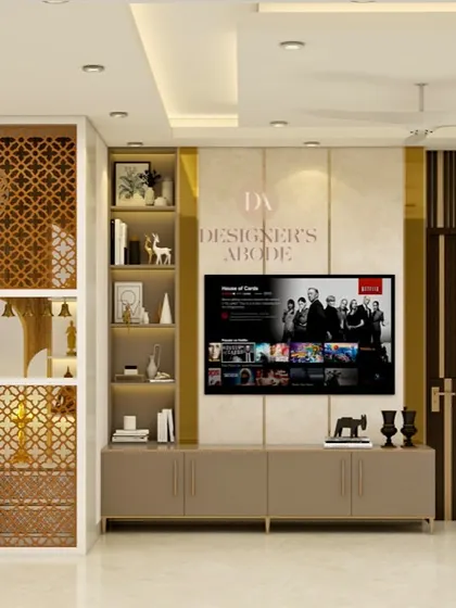 A full elevation design showing how we harmonize modern functionality with timeless tradition. The living area features an intricate jali-work mandir next to a sleek, contemporary TV unit.