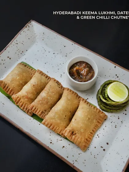 Hyderabadi Keema Lukhmi, a crispy, savoury pastry filled with spiced minced meat, from our Ramzan menu.