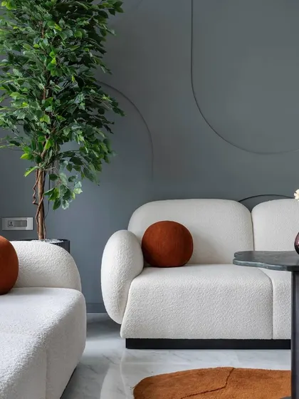 In 'The House of Arcs', we used soft, curved furniture and a muted color palette accented with rust-colored pillows. The design is built around fluid lines and organic shapes to create a calming and cohesive living space.