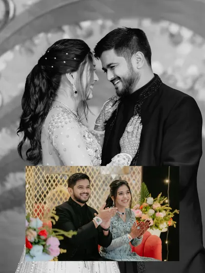 A collage capturing the love and laughter of the Sangeet. The black and white close-up beautifully contrasts with the candid color shot of the couple enjoying the celebration.