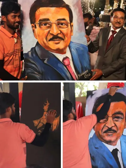 A collage showing the process and the final presentation of a live color portrait. From the first stroke on the canvas to the happy recipient, every step is part of the artistic journey.