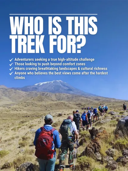 Who is this trek for? This graphic explains that our international expeditions are for adventurers seeking a true challenge, breathtaking landscapes, and rich cultural experiences.