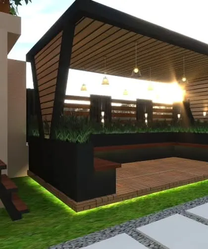 A 3D render of a pergola with built-in seating and planters. The design is elevated on a deck and includes a staircase, making it a great solution for multi-level terraces.