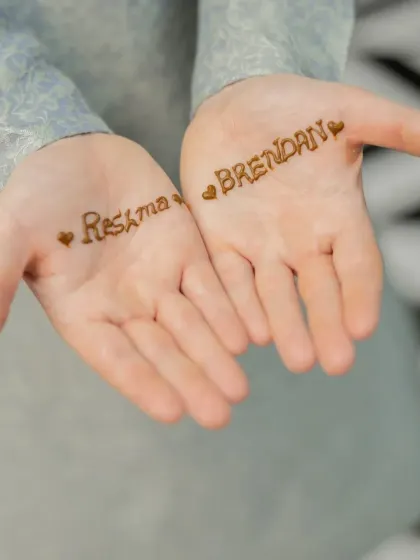 A sweet and simple way to celebrate a partnership. I can write names in henna for couples, a popular choice for engagement parties or sangeets.