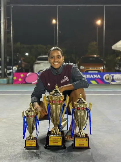 Three trophies for one champion. Simran Bundela's incredible haul from the Goa state tournament. This showcases her versatility and competitive fire across multiple categories.
